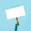 © vladwel - Hand holding sign placard blank empty copy space for text white, business man person swinging board signboard handle vector illustration design isolated on blue background