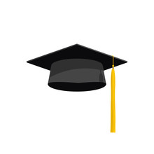 Graduation Hat Cap Vector Illustration, Graduation Hat Icon, Academy Hat Symbol Flat Simple Cartoon Design With Shadow And Yellow Tassel Isolated On White Background