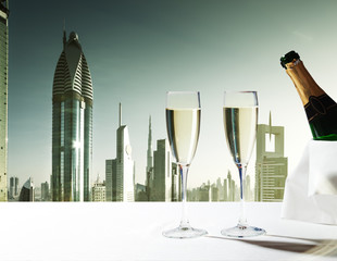 champaign Glasses and  skyscrapers of Dubai, UAE