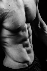 Wall Mural - Closeup of cool perfect sexy strong sensual bare torso with abs pectorals 6 pack muscles chest black and white studio, vertical picture