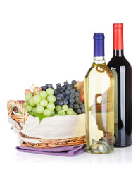 Wall Mural - White and red wine bottles and grapes