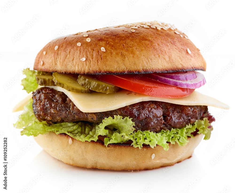 Cheeseburger on white background - obrazy, fototapety, plakaty 