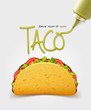 Vector Mexican taco with meat. Realistic inscription sauce. Isolated