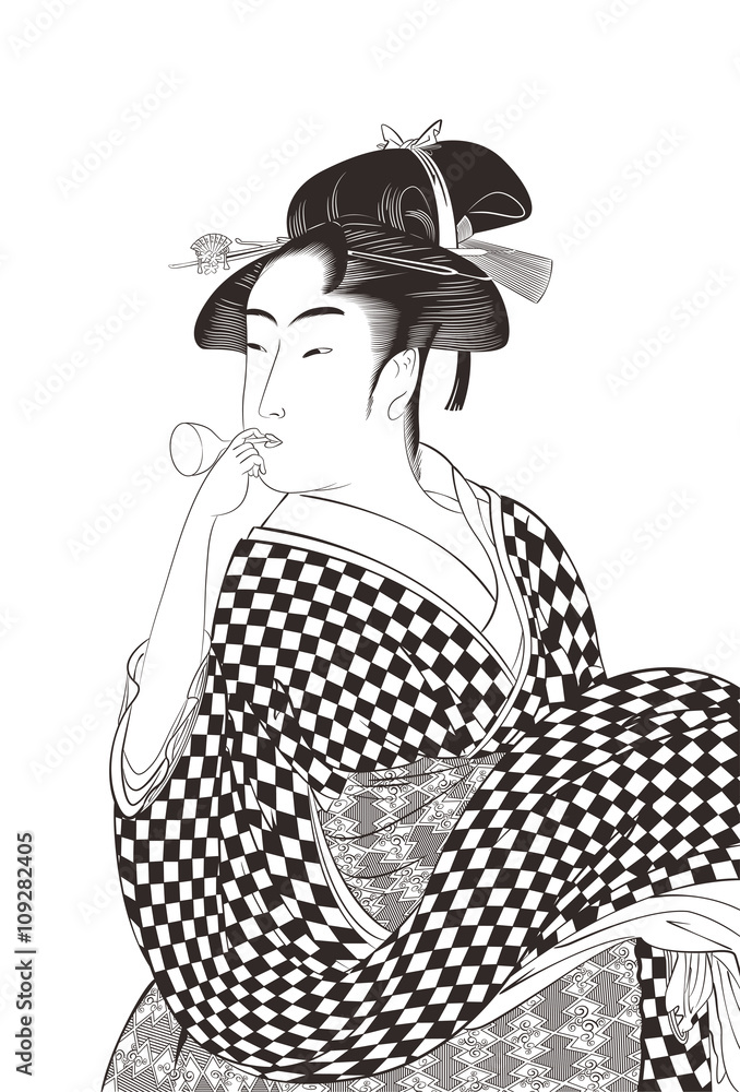 Vector de Stock 喜多川歌麿 婦女人相十品 ビードロを吹く娘イメージ