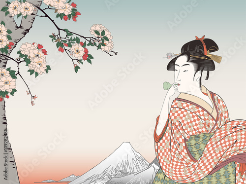 Obraz na płótnie canvas czteroczęściowy "tetraptyk" Utamaro córka który dmucha Bidoro Hiroshige Sumidagawa wody bóg Mori Masaki wizerunku ilustrację