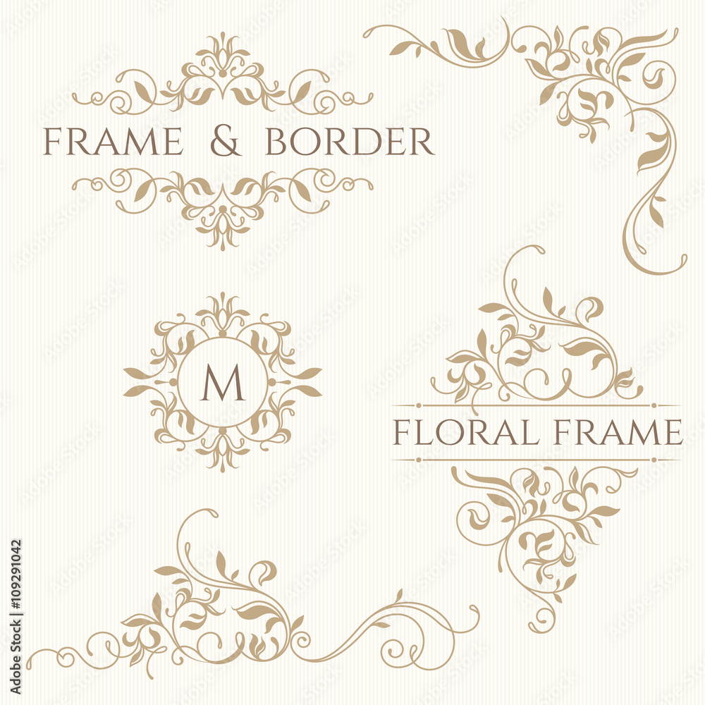 Set of decorative borders and monograms. Template signage, label. Stock ...