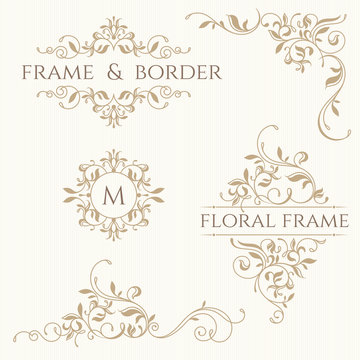 Set of decorative  borders and monograms. Template signage, label.