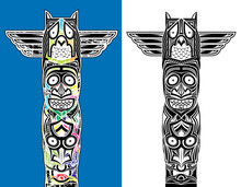 Indian Totem Carved Owl And Scary Faces