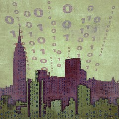 abstract city skyline with binary code