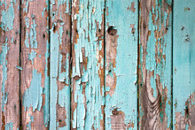 Old Wooden Painted Light Blue Rustic Fence, Paint Peeling Background