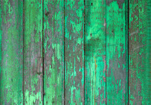 Old Wooden Painted Light Green Rustic Fence, Paint Peeling Background