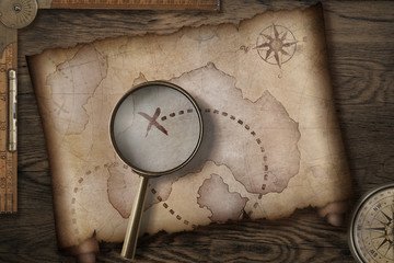 Poster - treasure map on wooden desk with compass 3d illustration