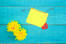Yellow Note Card With Red Hearts And Flower Border