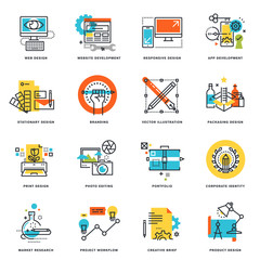 Set of flat line design icons of graphic design, website and app design and development. Vector illustration concepts.