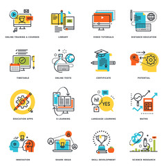 Wall Mural - set of flat line design icons of online education and e-learning. vector illustration concepts for g
