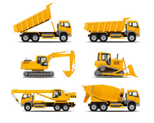 Set Of The Construction Machinery Vehicles. Vector Truck, Vector Dumper, Vector Excavator, Vector Mobile Crane, Dozer. High Detailed Vector Illustration.