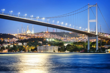 Wall Mural - bosphorus bridge at night with moon path