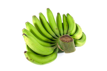 Side of green raw bananas isolated on white background