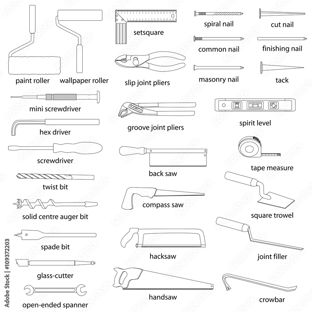 Repair tools, insrtruments, names. Screwdrivers, nails, saws, bits, measure  tools, pliers. Outlines of repair tools, insrtruments - screwdrivers,  nails, saws, bits, measure tools, pliers with names. Stock Vector | Adobe  Stock, image size:1000x1000
