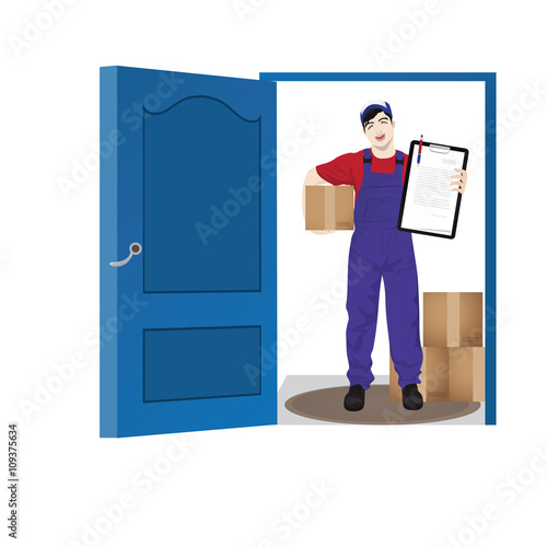 Delivery Man At Front Door Cartoon Vector Kaufen Sie Diese