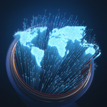 Optical Fibers Lit In The Shape Of The World Map. 3D Image Concept Of Global Communication By Optical Fiber.