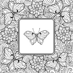 Wall Mural - Coloring page with butterfly in the center and pattern of flower