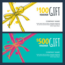Vector Gift Vouchers With Bow Ribbons, White And Blue Backgrounds. Creative Holiday Cards Or Banners. Design Concept For Gift Coupon, Invitation, Certificate, Flyer, Ticket.