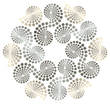 A Rosette Of Dots Spirals In Silver And Gold On A White Background