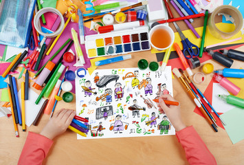 cartoon people musician collection child drawing, top view hands with pencil painting picture on paper, artwork workplace