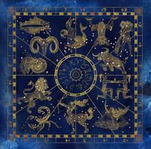 Collage Set With Golden Zodiac Symbols And Red Constellations On Blue Textured Background