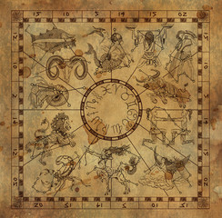 collage with zodiac symbols and constellations on paper background