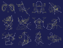 Collection With Zodiac Symbols And Constellations On Blue