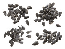 Closeup Of Black Sunflower Seeds Isolated On White Background. Pile Of Sunflower Seeds.