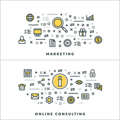 Wall Mural - Vector Thin Line Marketing and Online Consulting Concepts. Vector Illustration for Website Banner or Header. Flat Line Icons and Design Elements