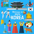 Flat design, Illustration of Korean landmarks and icons