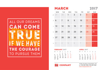 Desk Calendar Template for 2017 Year. March. Design Template with Motivational Quote. 3 Months on Page. Vector Illustration