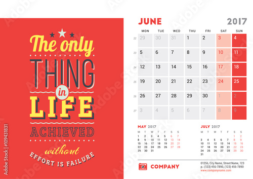 Desk Calendar Template For 2017 Year June Design Template With