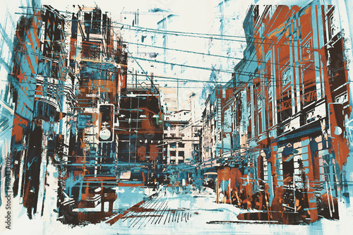 Naklejka ścienna illustration painting of urban street with grunge texture