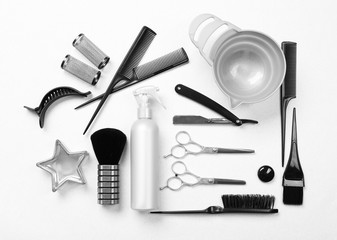 Wall Mural - Barber set with tools, equipment and cosmetics on light background