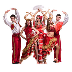 Wall Mural - Cabaret dancer team dancing.  Isolated on white background in full length.