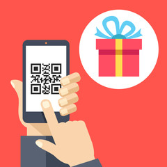 Hand holding smartphone with QR code on screen and gift. Scan QR code and get a gift or discount concept. Flat design vector illustration