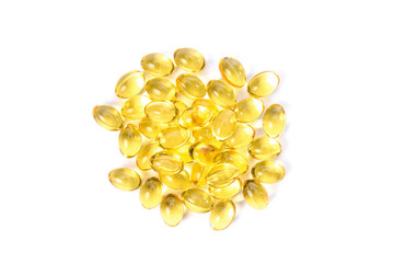 Fish oil capsule, Omega 3-6-9 fish oil yellow soft gels capsules on white background