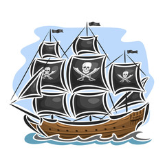 Vector logo pirate sailing ship, sailboat, sailer, vessel, sailing, barque, craft, frigate, caravel, galleon, schooner, floating blue sea, ocean, waves. Cartoon pirate sailing old vessel Jolly Roger