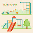 Kids playground.Kindergarten playground with swings, slide, rope, toy giraffe. Vector flat illustration.