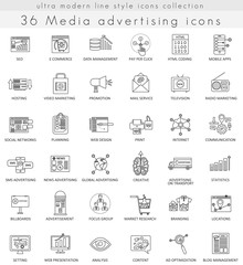 Poster - Vector Media advertising ultra modern outline line icons for web and apps.