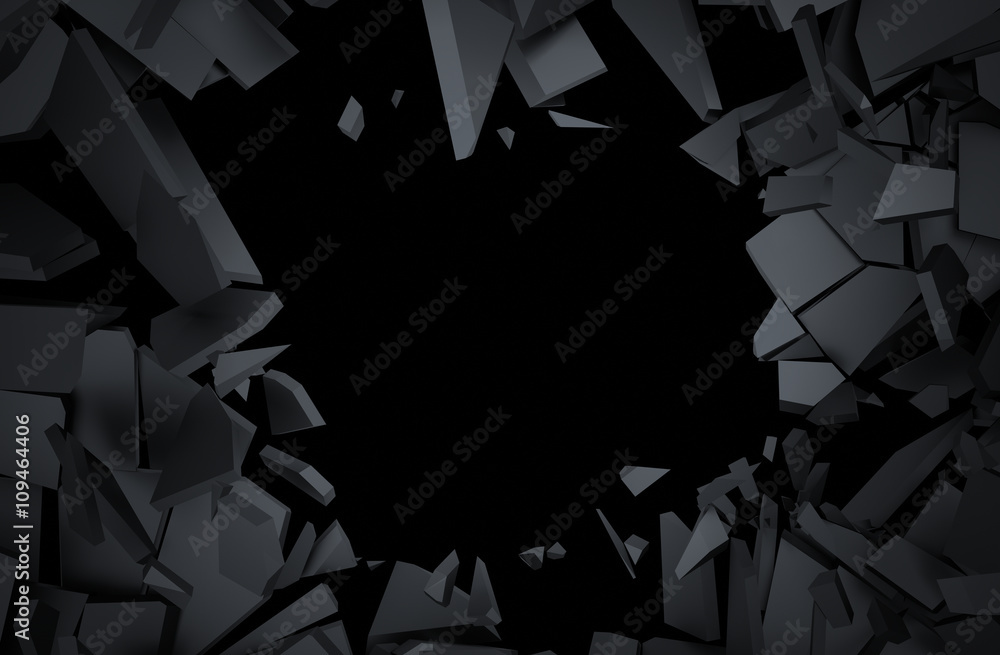 Abstract 3d rendering of cracked surface. Background with broken shape. Wall destruction. Explosion with debris.  - obrazy, fototapety, plakaty 