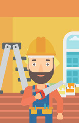 Wall Mural - Smiling worker with saw.