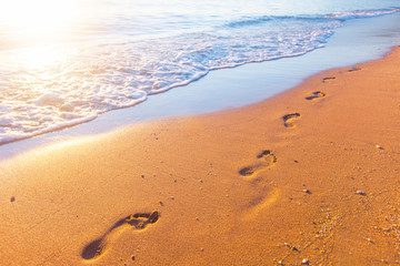Wall Mural - beach, wave and footprints at sunset time
