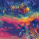 Fototapeta Konie - watercolor palm trees at sunset