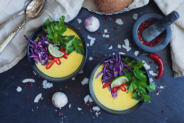 Thai coconut creamy soup with fresh vegetables. Vegan healthy fo